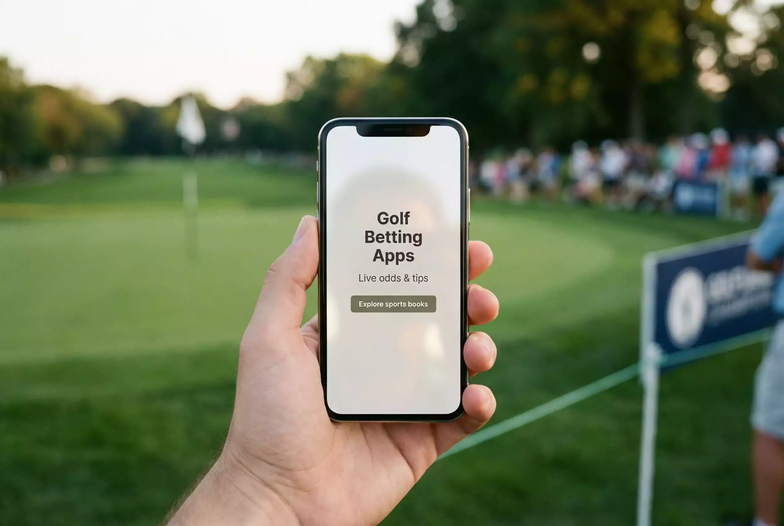 Person holding a smartphone near a golf course with a tournament scene in the soft afternoon light