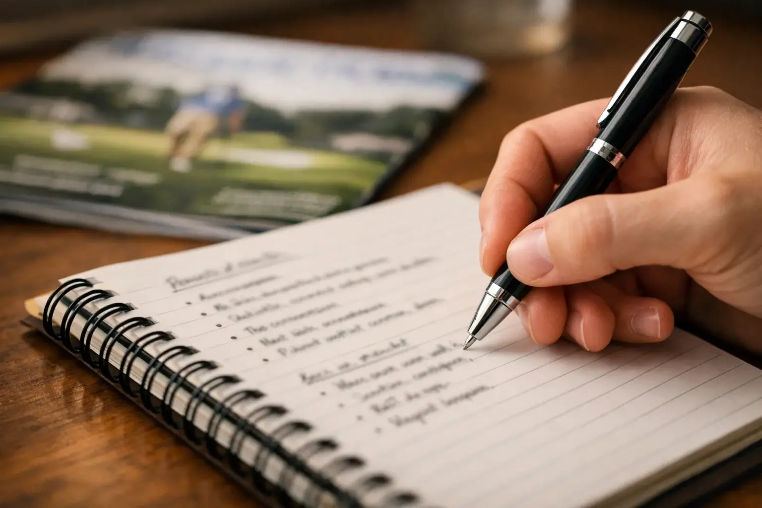 Hand writing notes on golf betting research notebook
