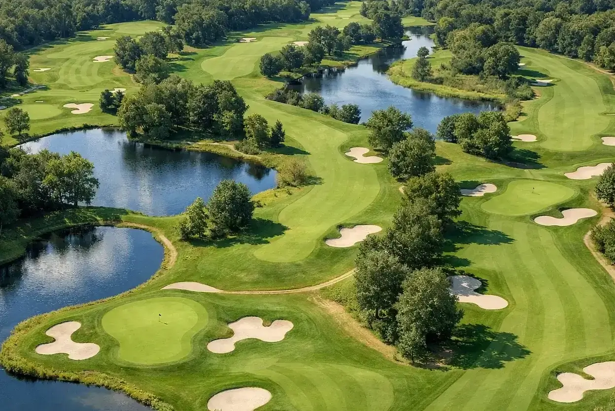 Aerial view of golf course layout showing fairways and hazards