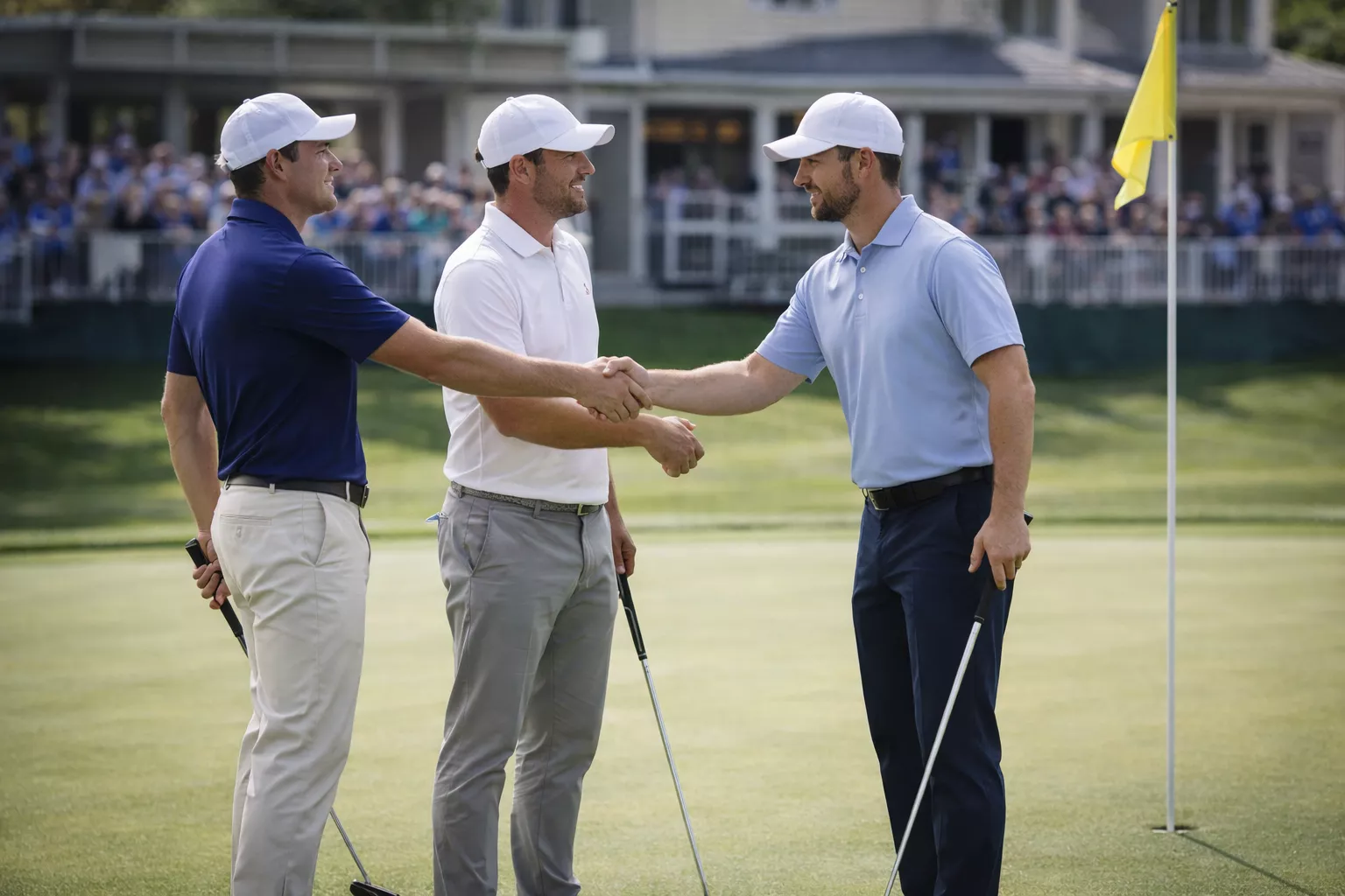 Three golfers shaking hands after finishing tied