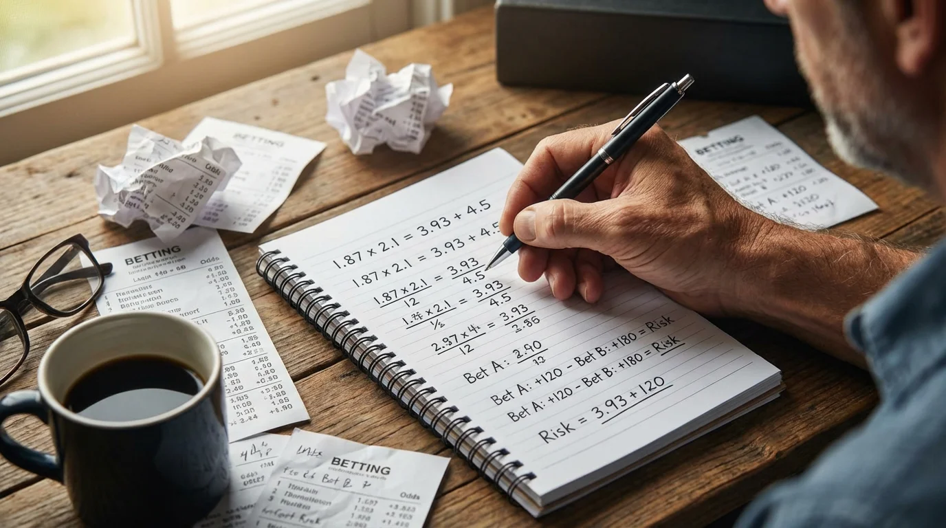 A person reviewing betting slips and notes at a desk with a pen in hand