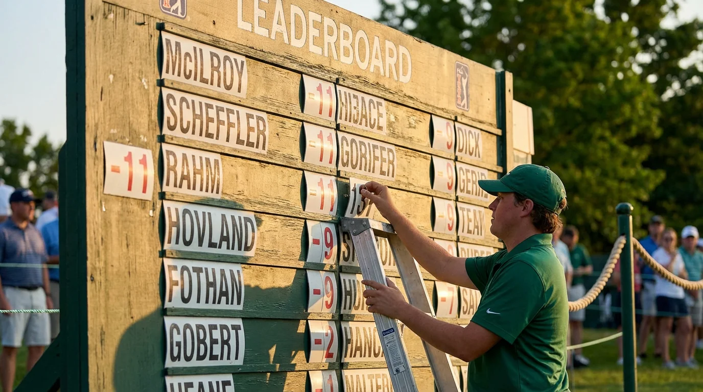 Close-up of a golf leaderboard showing multiple players tied at the same score