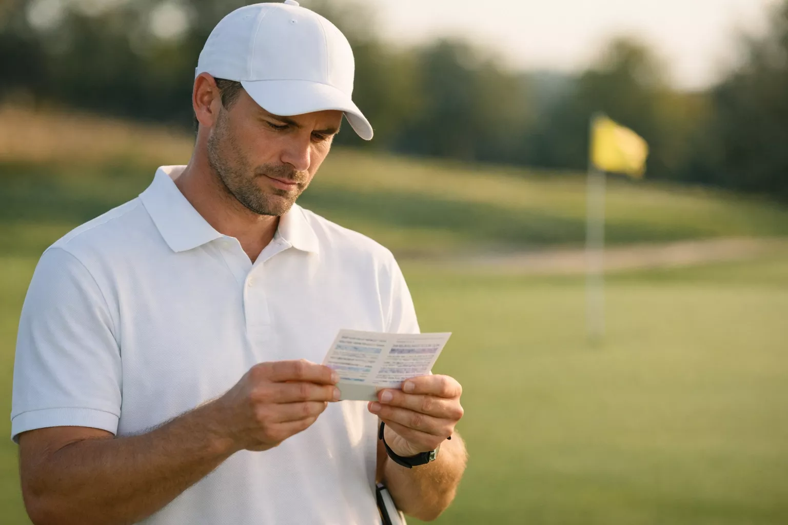 Golfer reviewing scorecard with focused expression