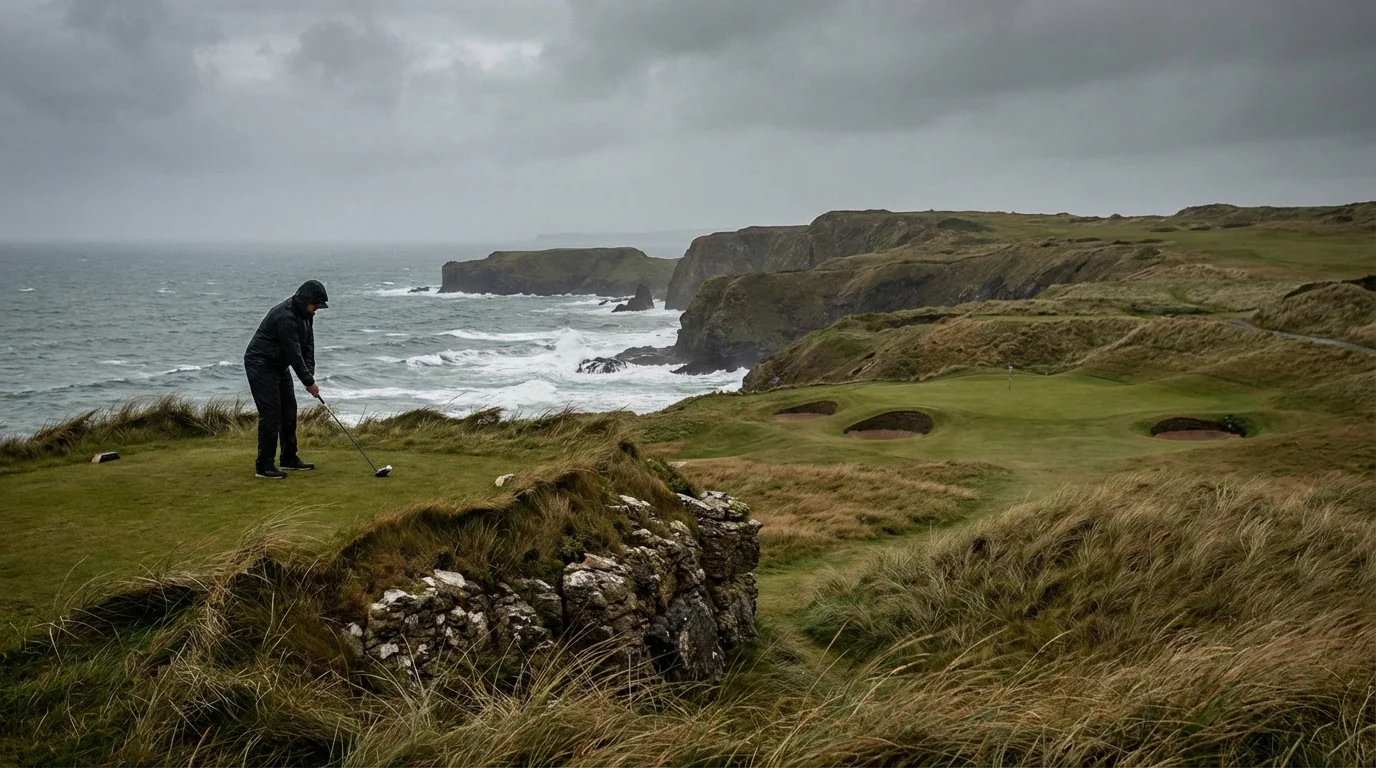 European links golf course with coastal cliffs and a golfer teeing off in overcast weather