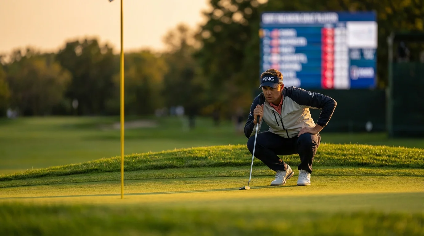 A golfer lining up a putt on a green with a leaderboard in the background