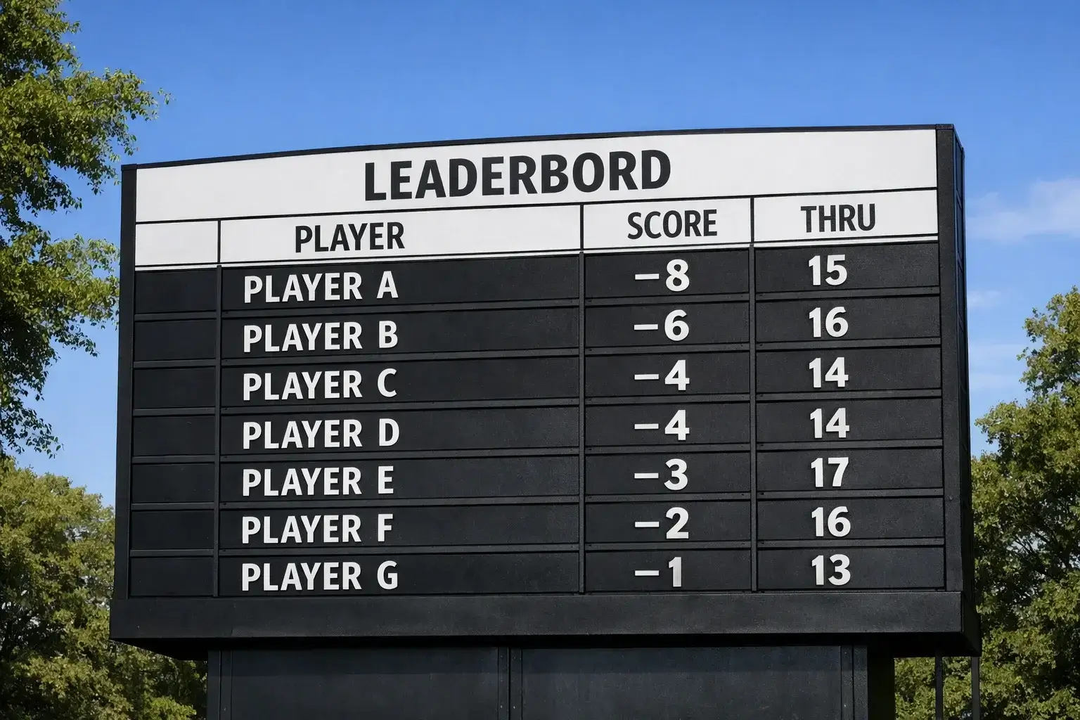 Golf tournament leaderboard showing player standings