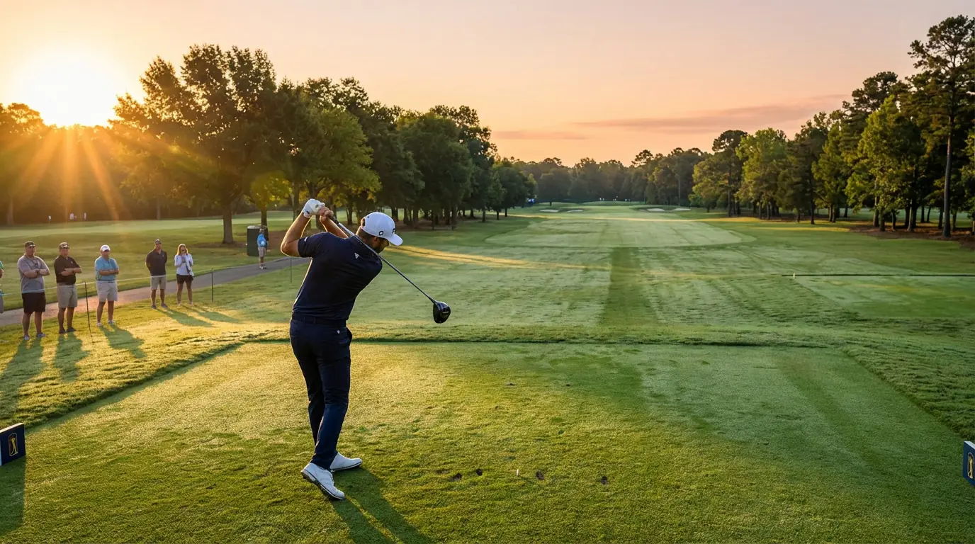 A golfer teeing off on a sunlit fairway during the first round of a tournament