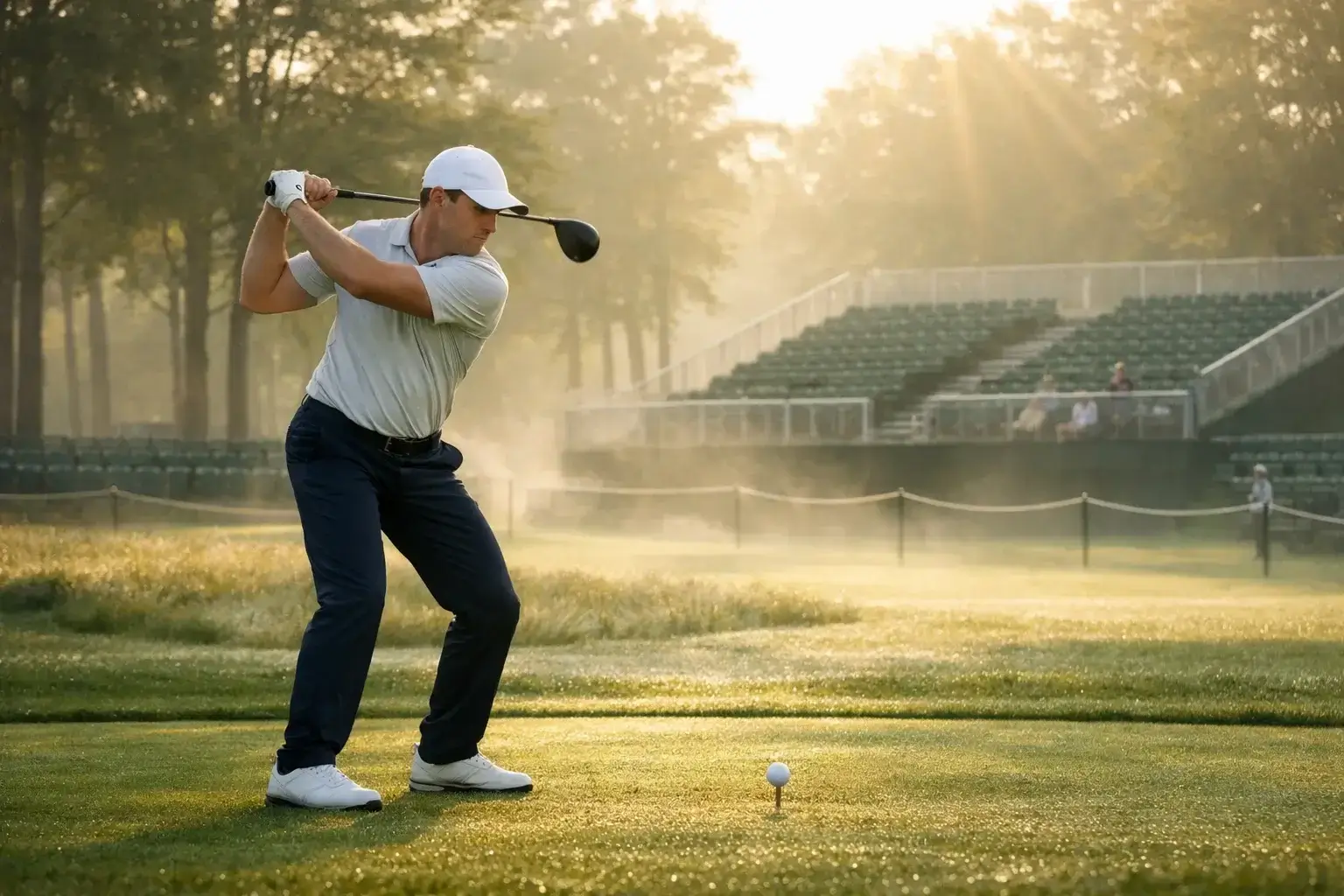 Golfer teeing off in morning light at tournament