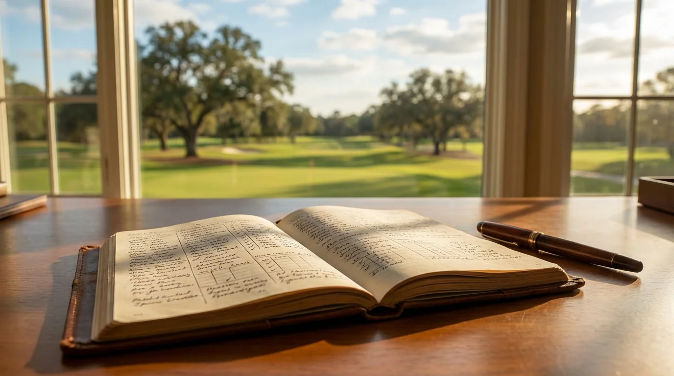 A well-organized notebook open on a wooden desk with a golf course visible through a window