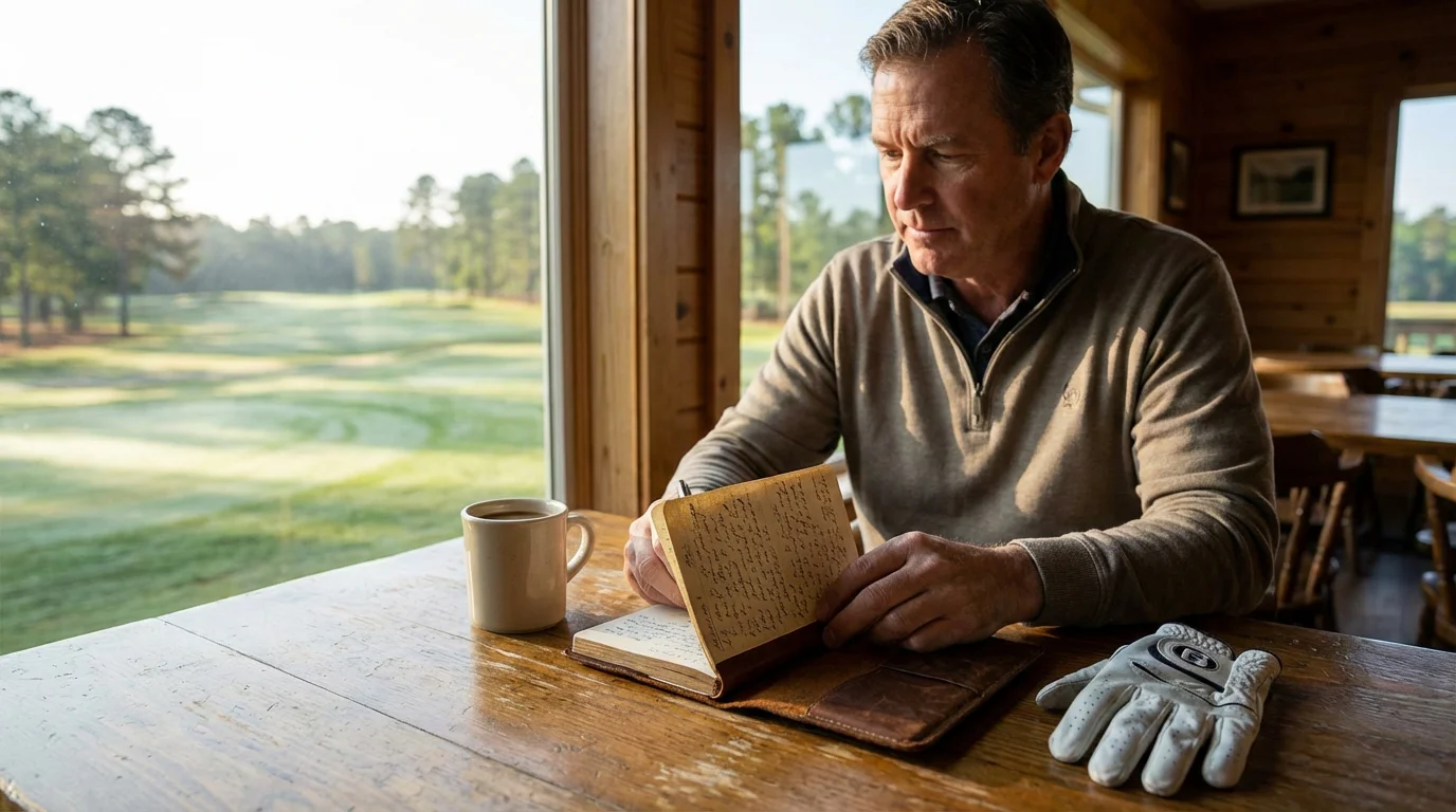 Golfer reviewing a betting strategy notebook on a clubhouse table with a golf course in the background