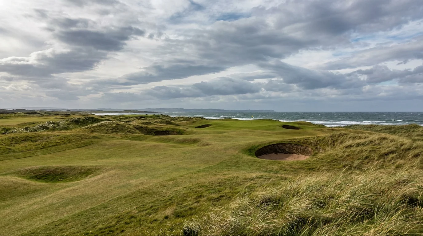A wide panoramic view of a links golf course with undulating fairways and deep bunkers