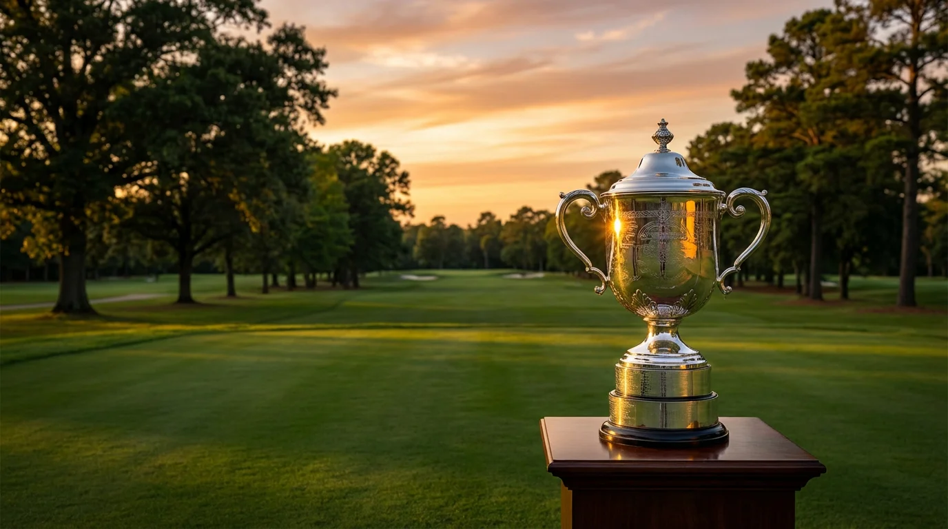 A trophy on a pedestal beside a pristine golf course at golden hour