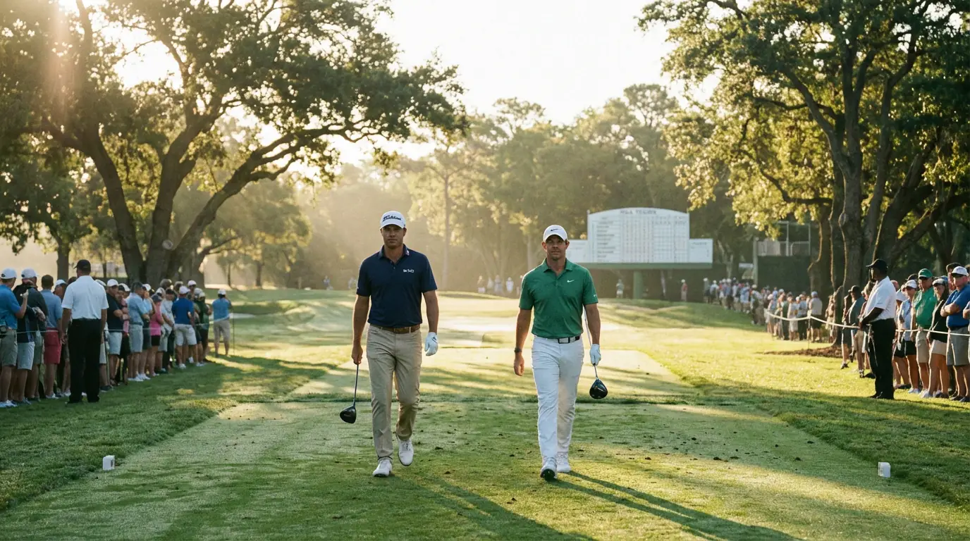 Two golfers walking side by side down a sunlit fairway during a tournament round