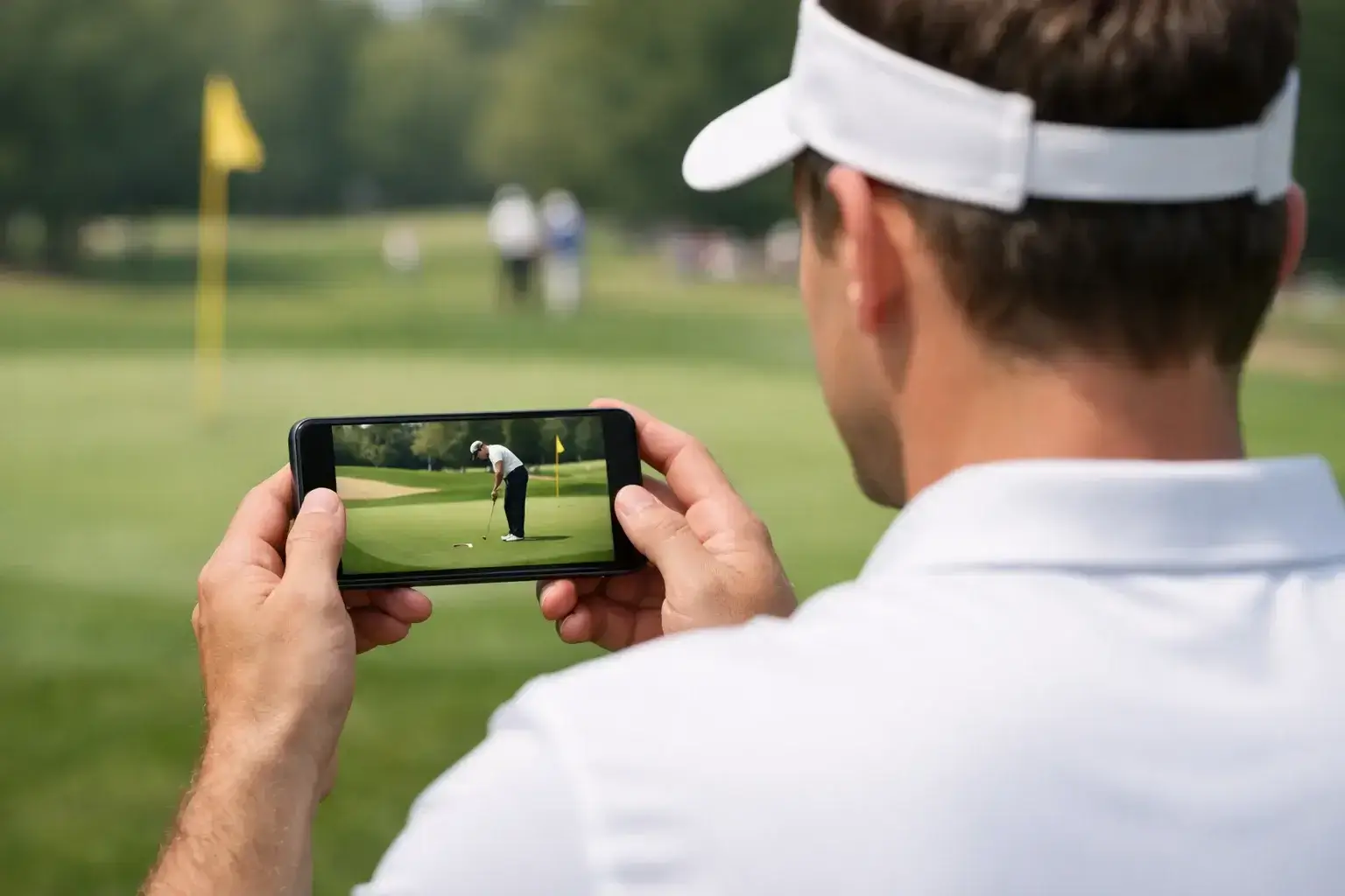 Golf fan watching live tournament coverage on mobile device at the course