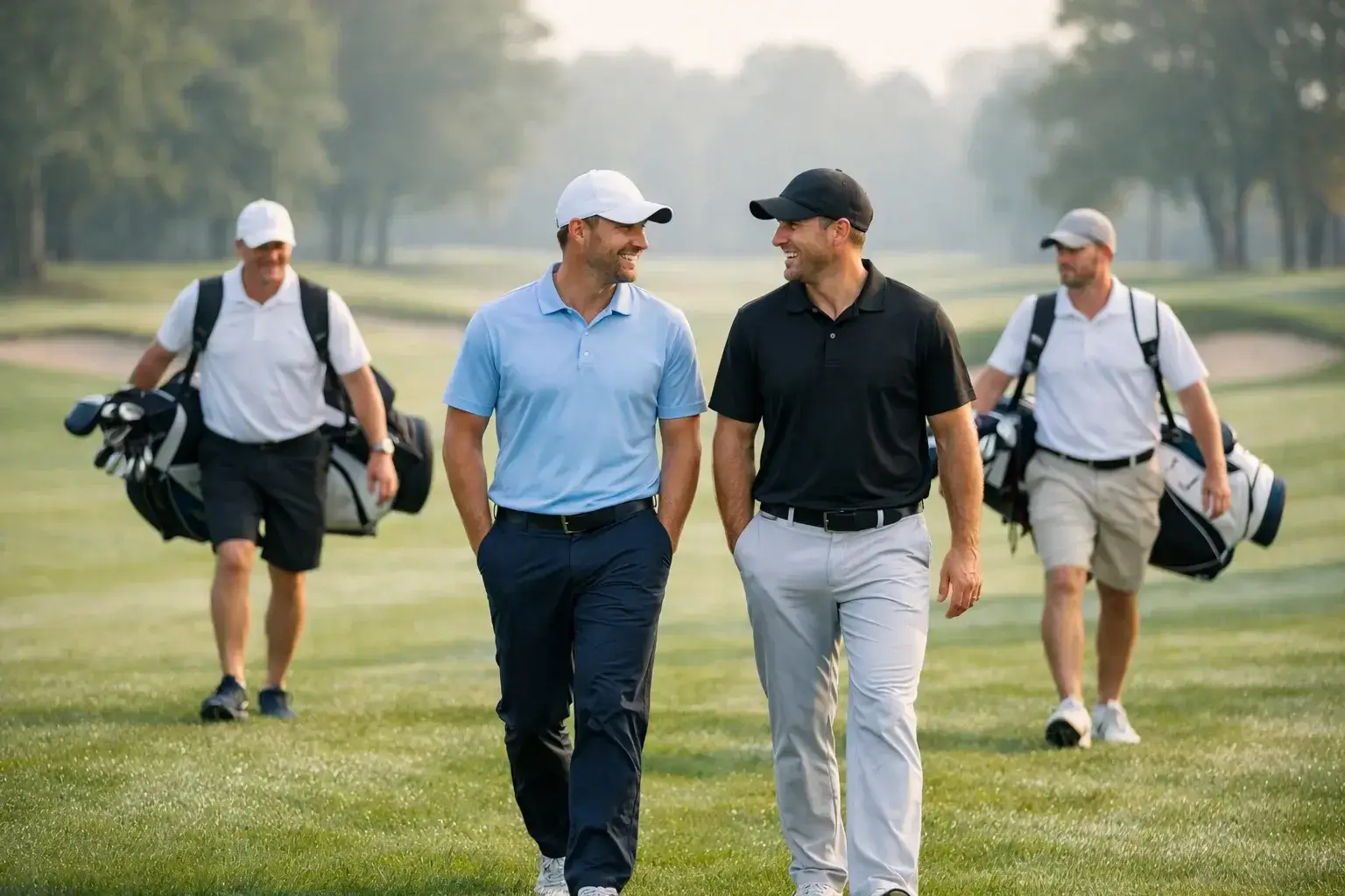 Two golfers competing head-to-head on fairway