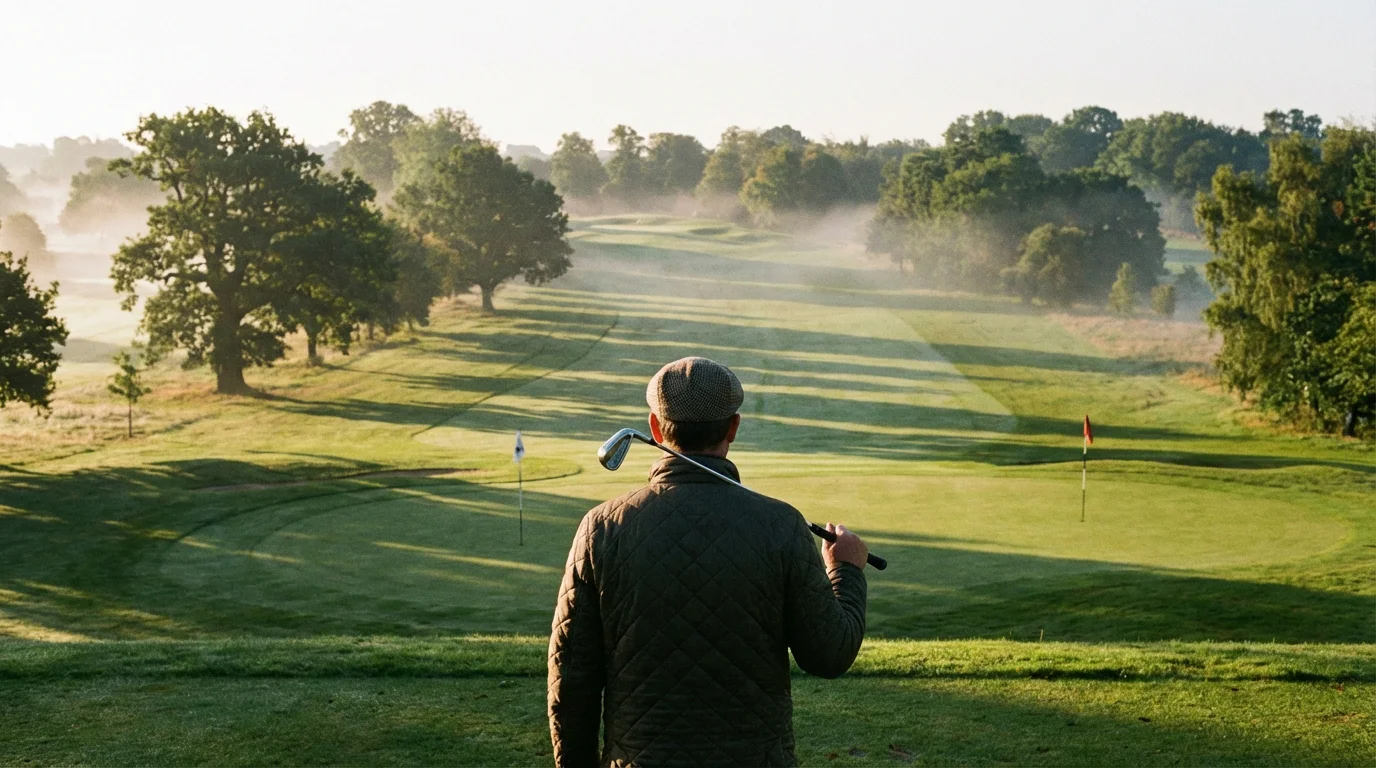 Golfer standing on the tee box studying the fairway with multiple flagsticks visible in the distance
