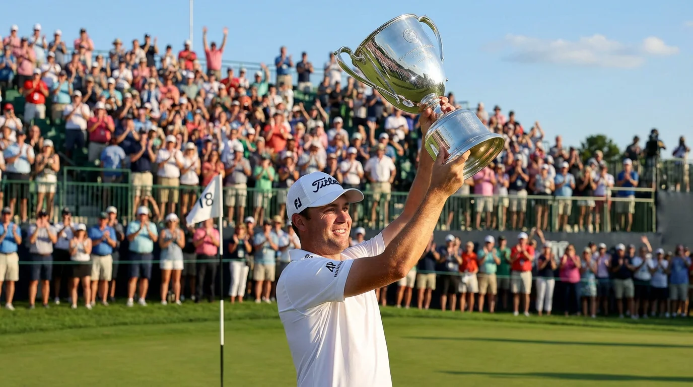 Professional golfer raising a trophy on the 18th green with the crowd cheering