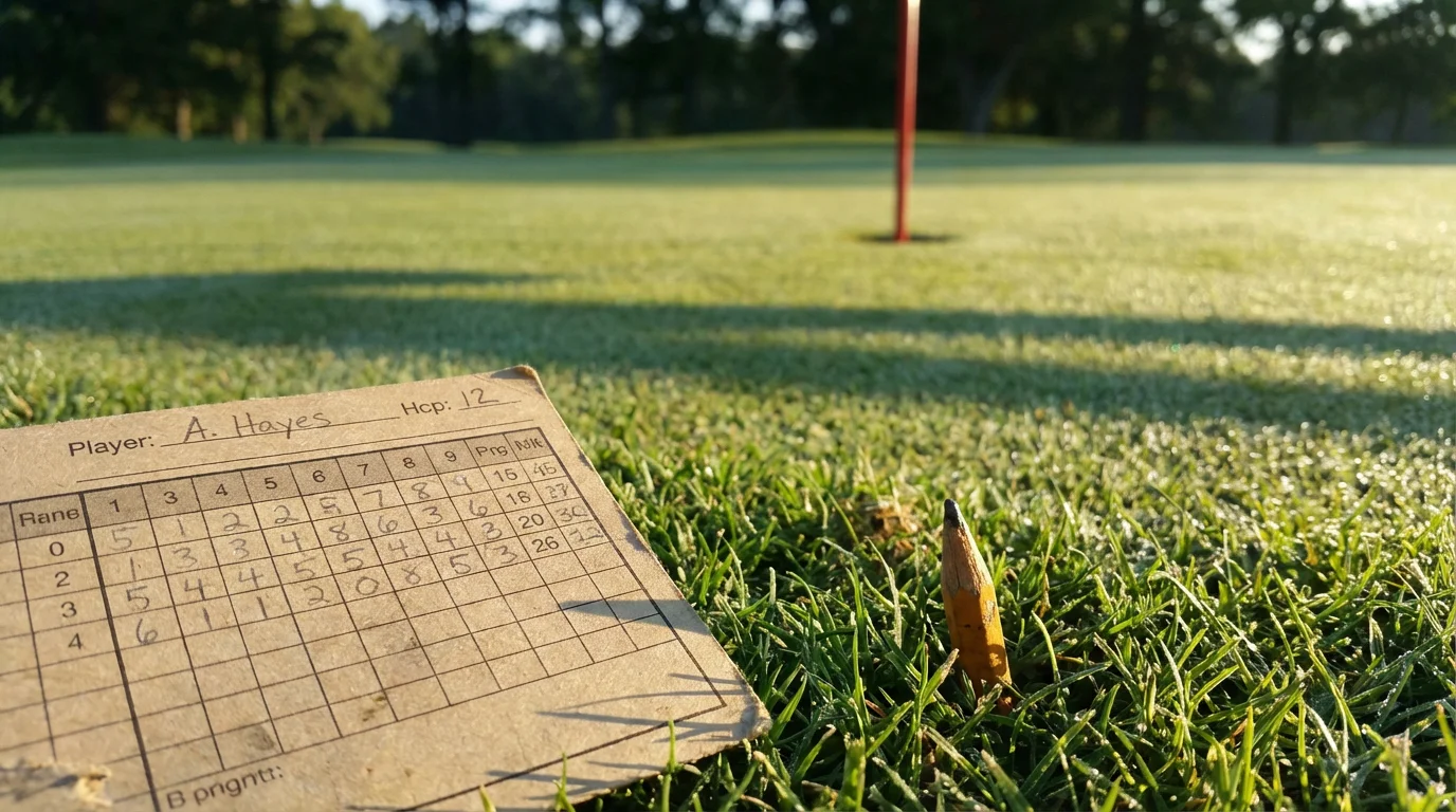 Close-up of a golf scorecard and pencil resting on a green fairway with morning light