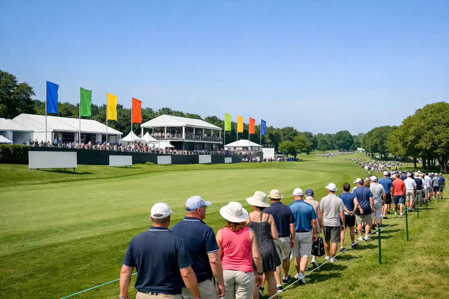 Golf flag with promotional banner at tournament