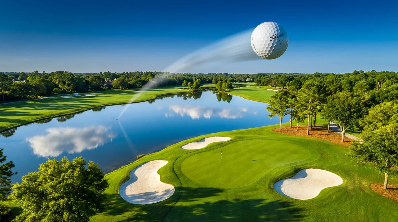 A golf ball mid-flight heading toward a pin on a par-three hole over water