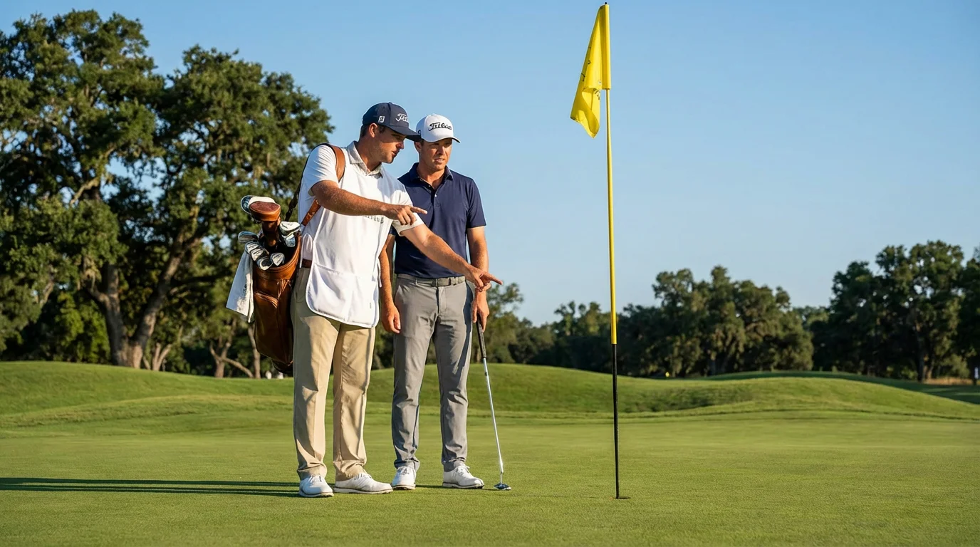 A golfer analyzing the green with a caddie pointing toward the flag on a sunny day