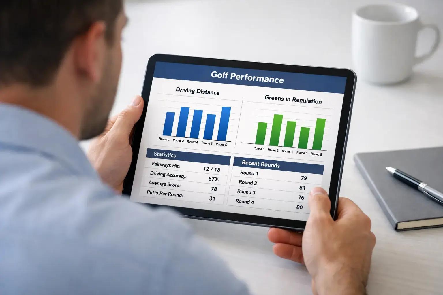 Professional reviewing golf performance data on tablet