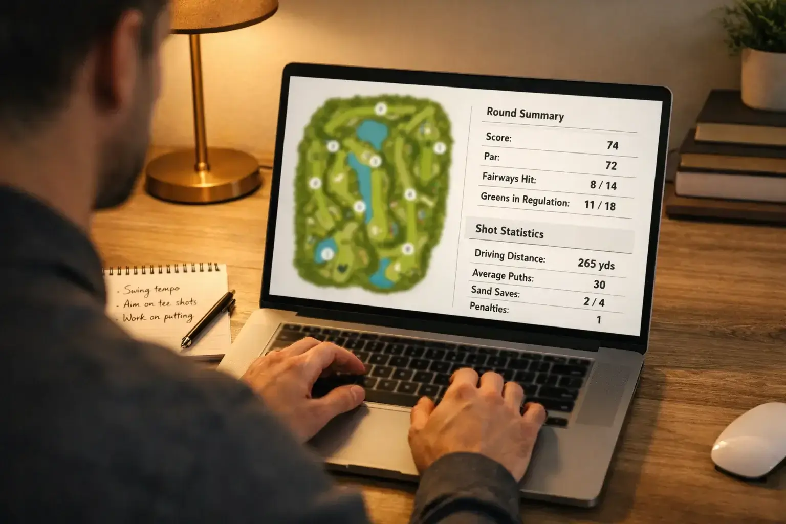 Person reviewing golf statistics and course maps on a laptop computer