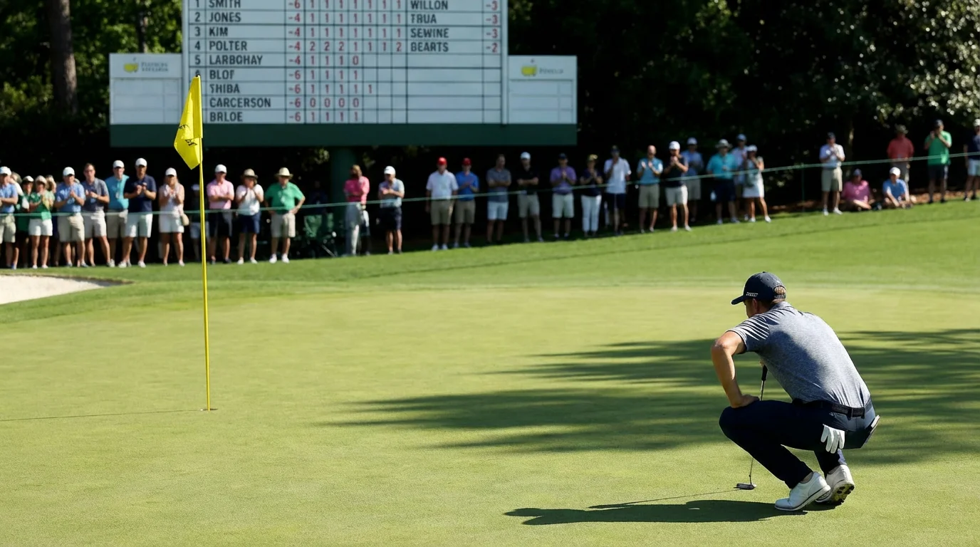 Golfer putting on a pristine green with a packed leaderboard visible in the background