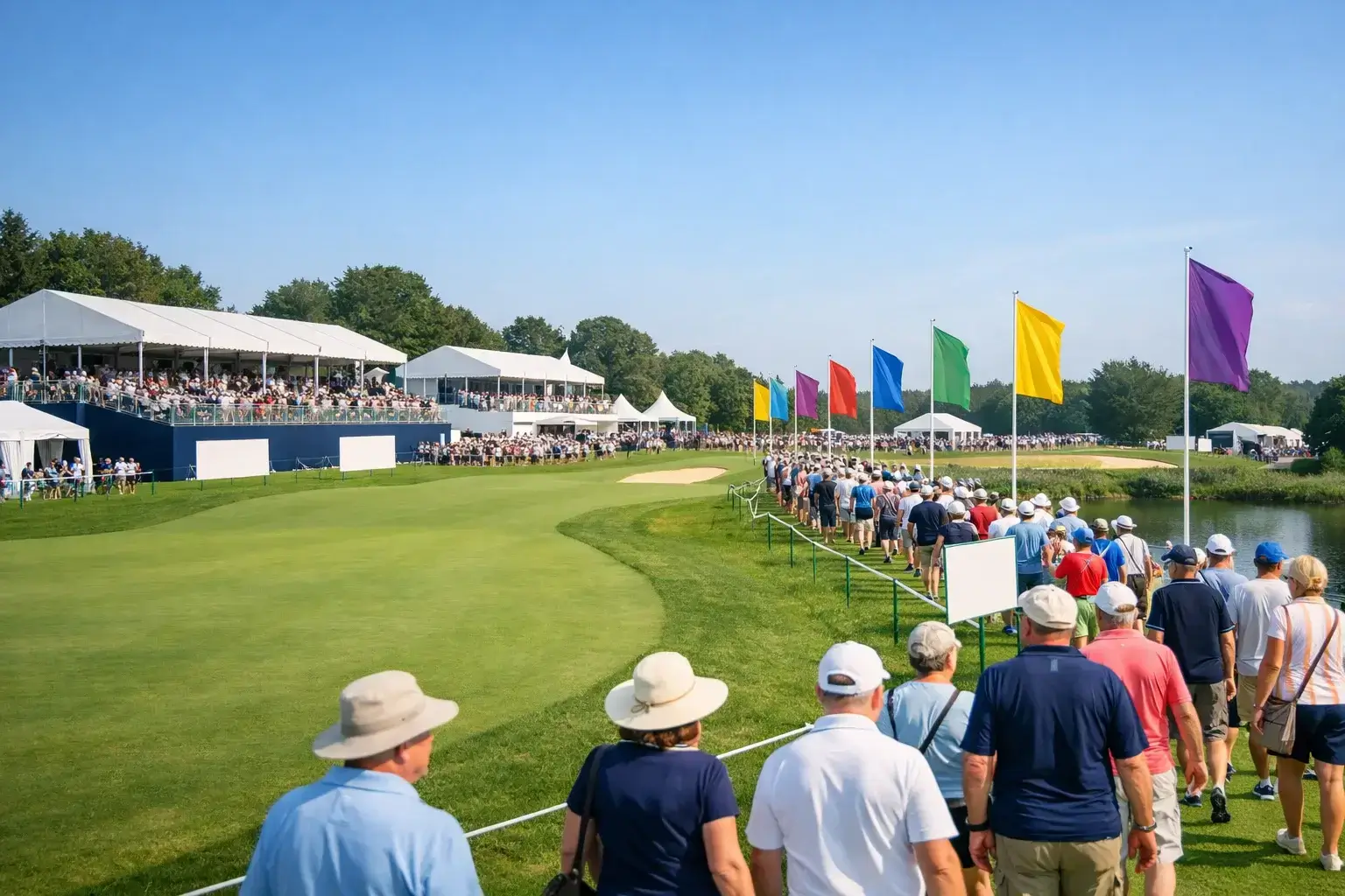 Crowd of spectators following golfers during a major championship tournament