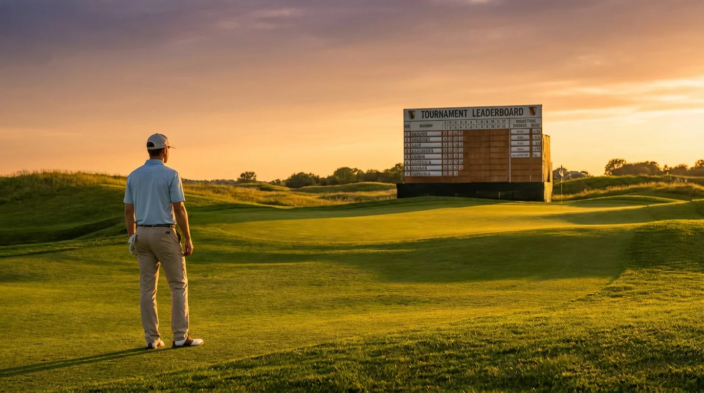 Golfer studying a tournament leaderboard in warm sunlight on a green fairway