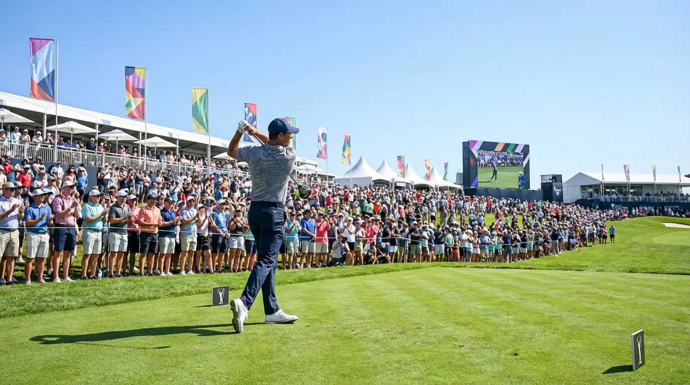 Professional golfer hitting a drive on a pristine course with a large gallery and LIV-style event atmosphere