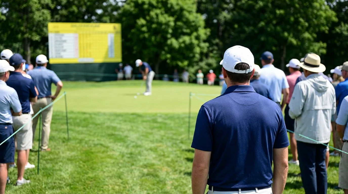 Golf spectator watching a live tournament from the gallery with a leaderboard visible in the distance