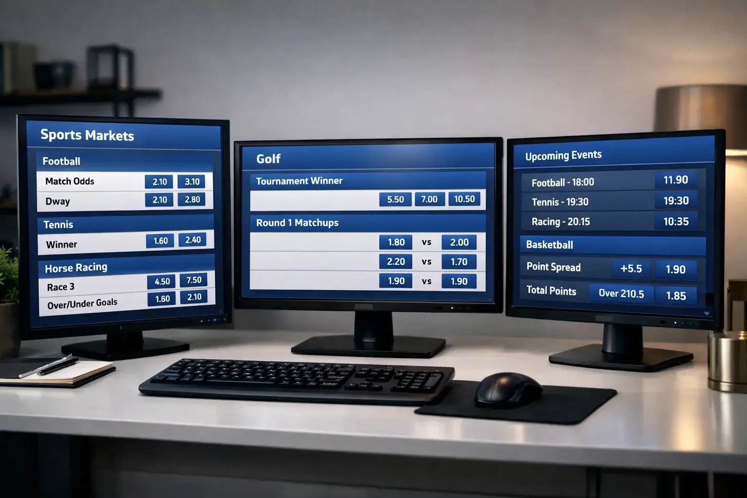 Multiple screens showing various golf betting markets