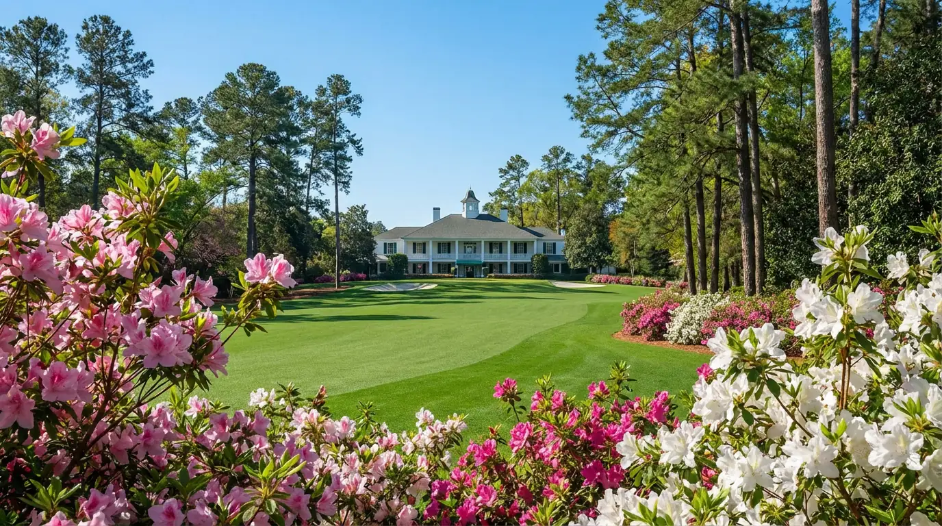 Augusta National clubhouse framed by blooming pink azaleas on a sunny spring morning