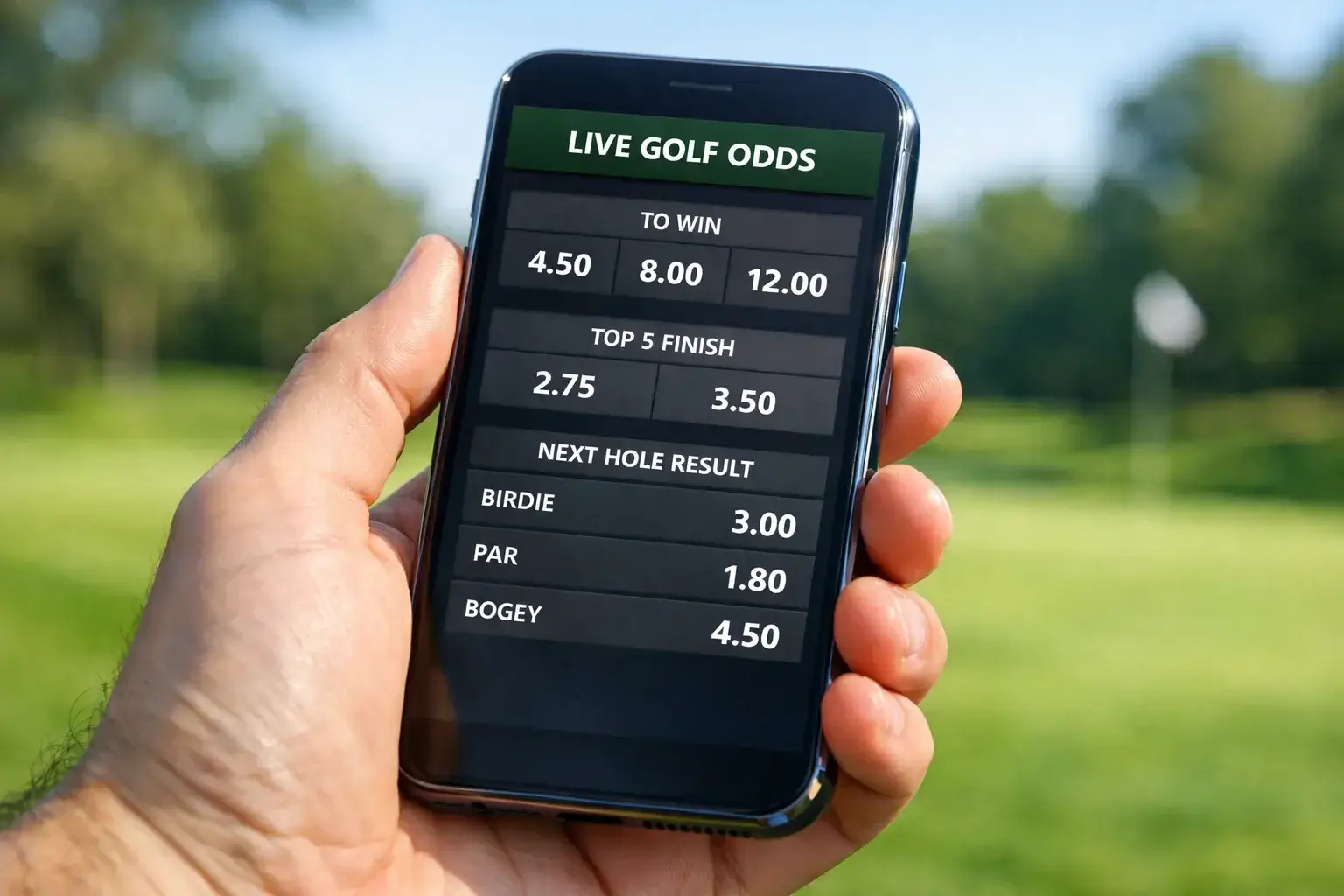 Hand holding phone with golf betting app at golf course