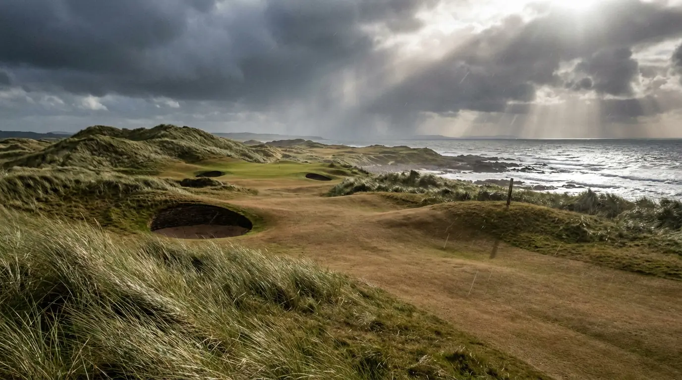 Windswept links golf course along the coast with rolling dunes under dramatic skies