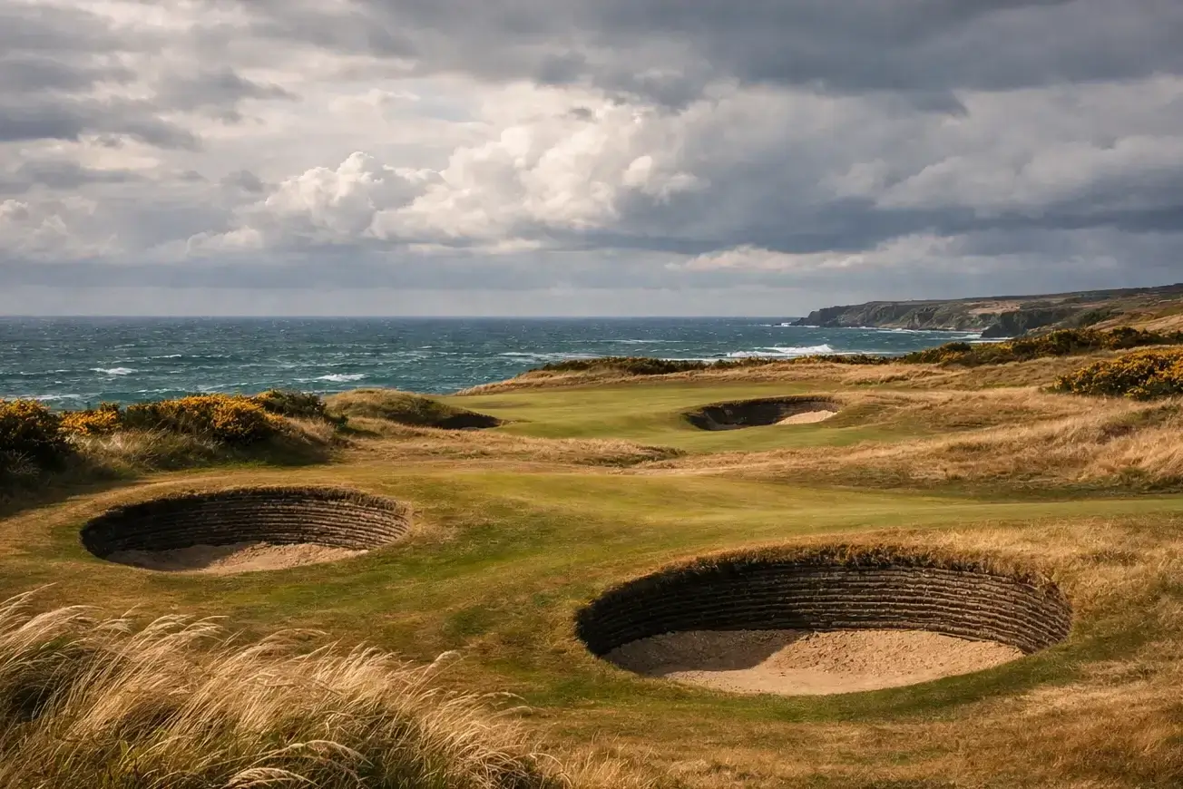 Links golf course on British coastline with pot bunkers