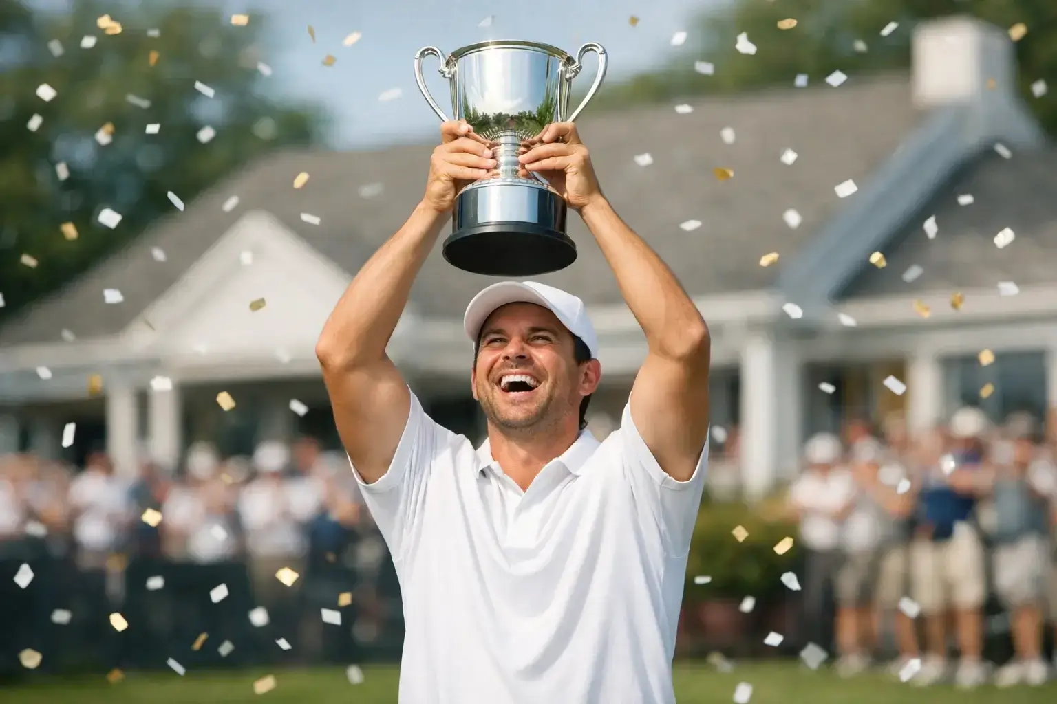 Golfer celebrating tournament victory with trophy