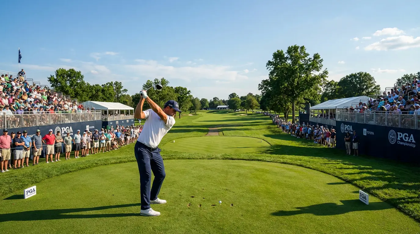 Long powerful drive off the tee at a PGA Championship venue with spectators lining the fairway