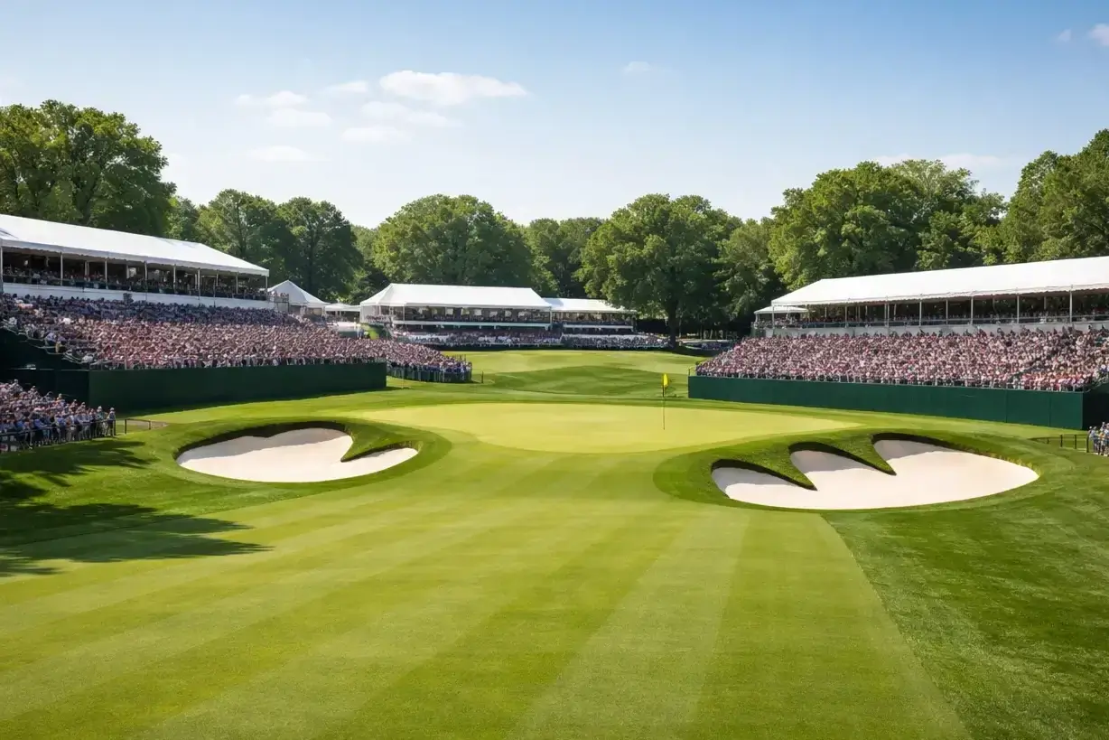 PGA Championship venue with grandstands and flagstick