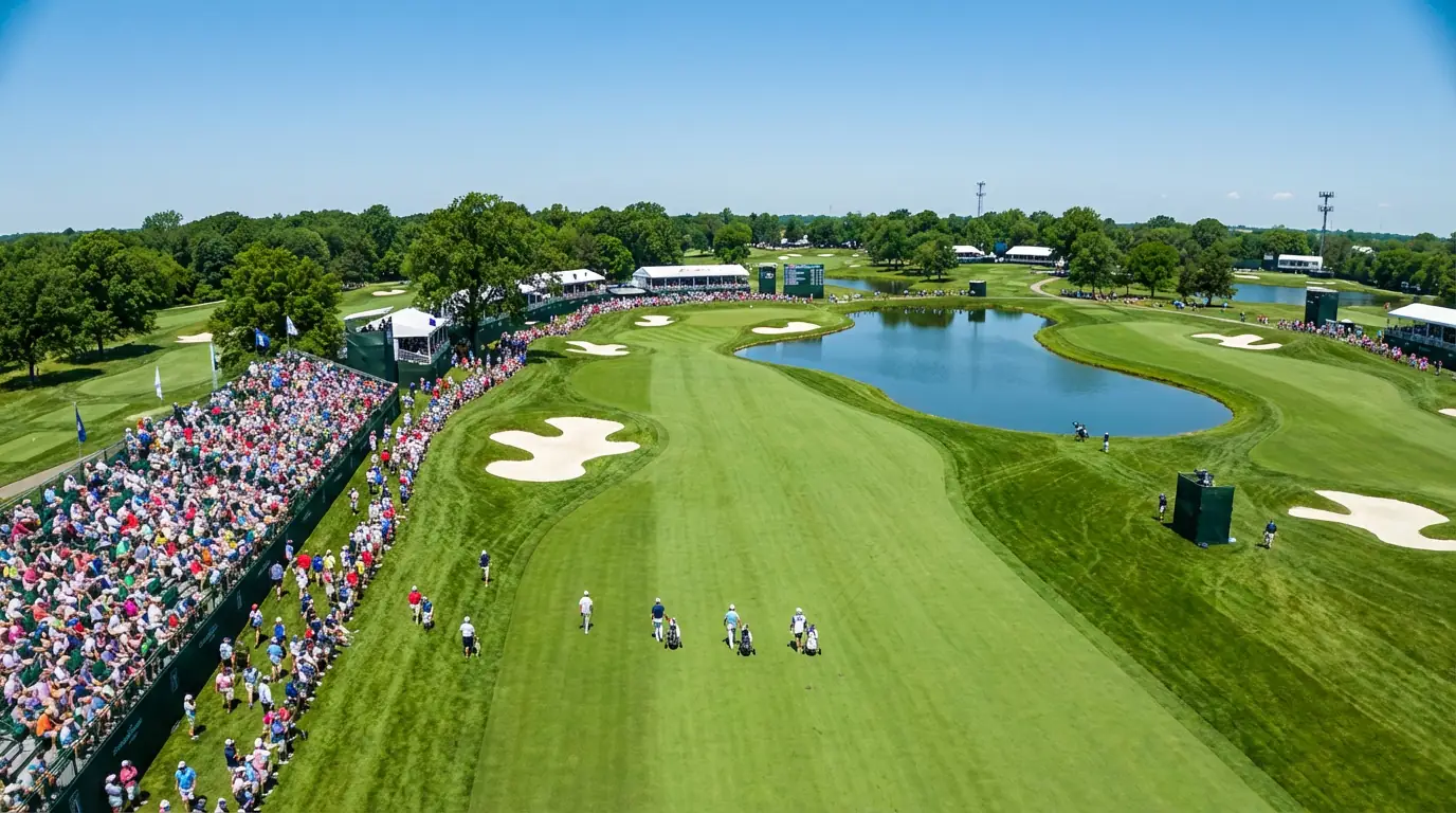 An aerial view of a PGA Tour course with grandstands and players on the fairway