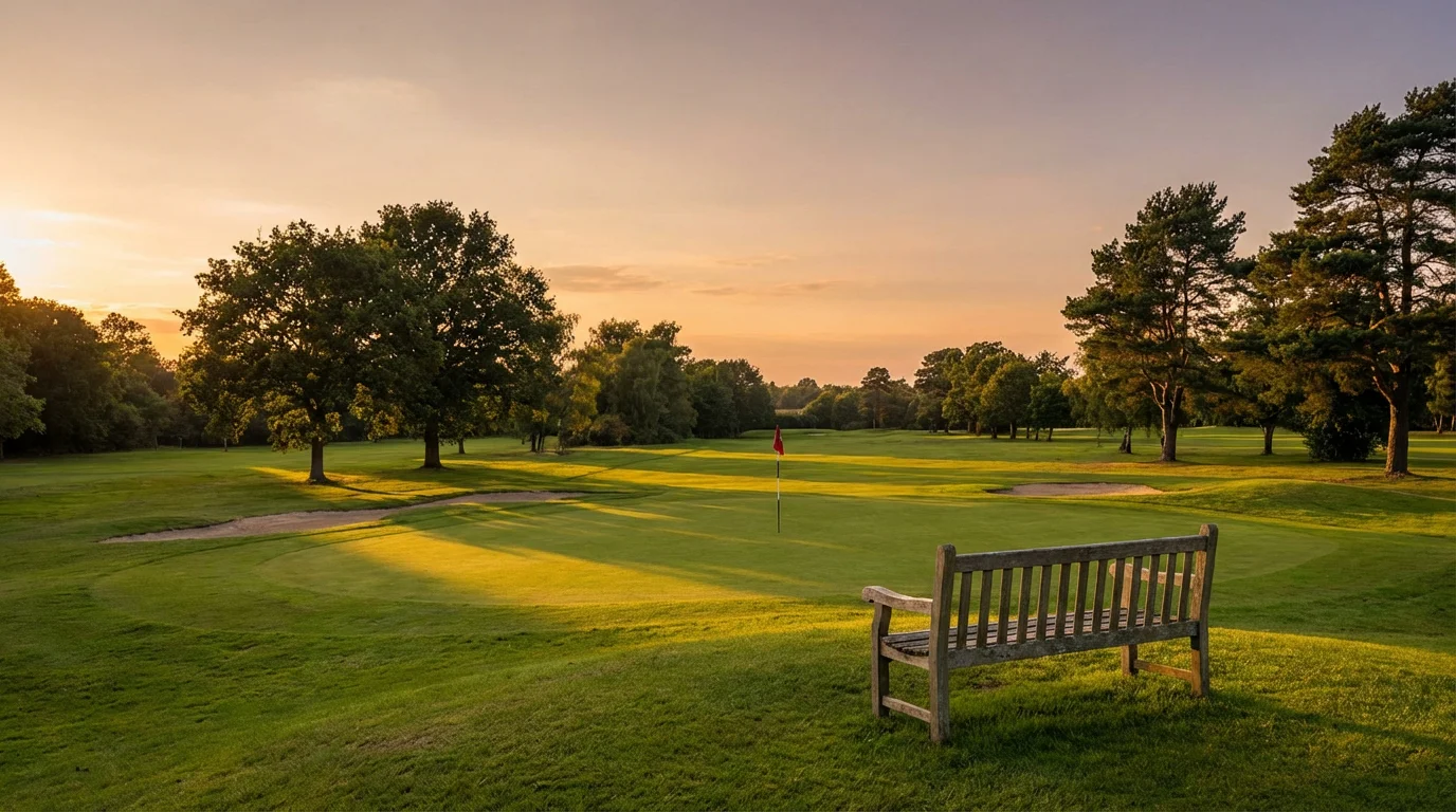Calm golf course scene at sunset with an empty bench overlooking the 18th green