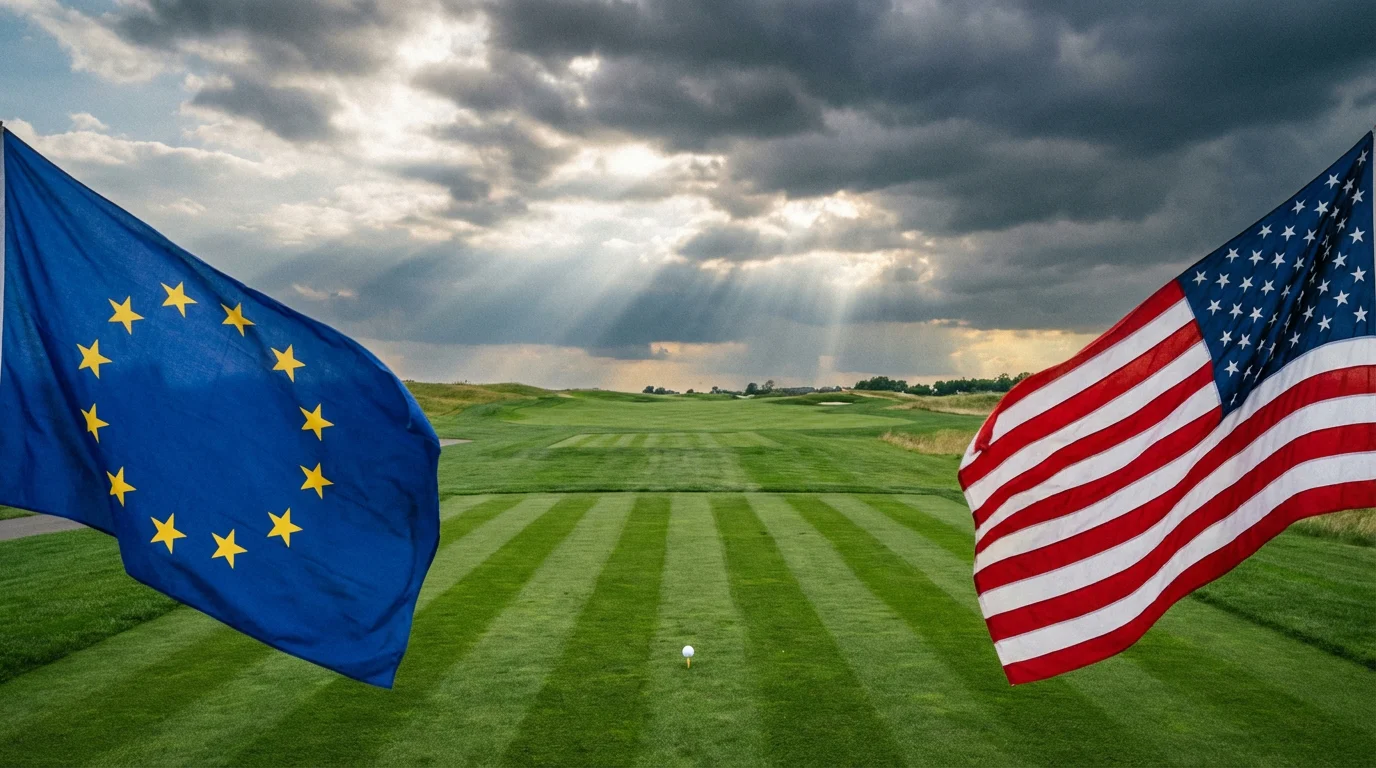 Ryder Cup team golf scene with players and flags on a manicured course under dramatic sky