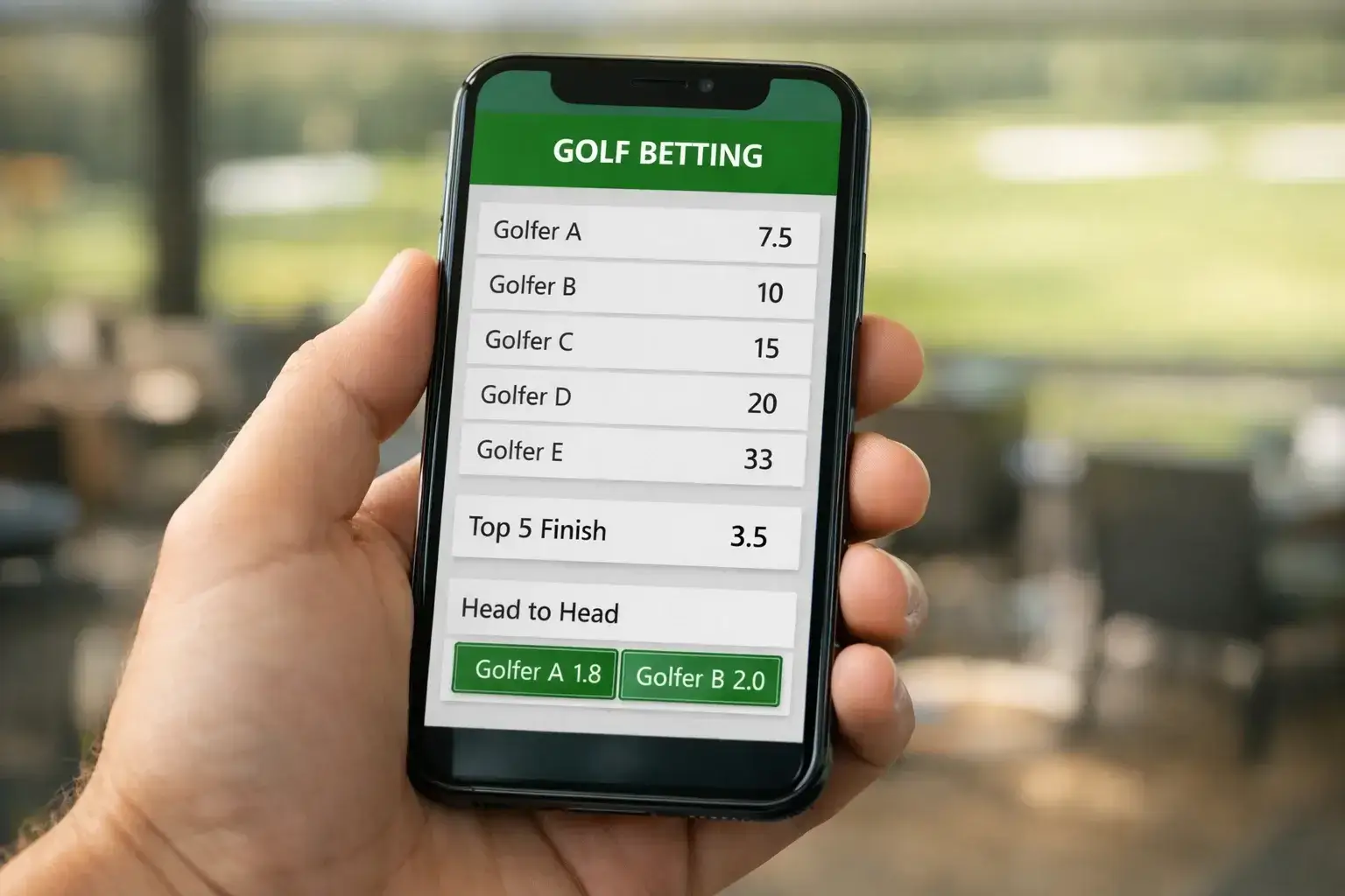 Mobile phone showing golf betting app interface