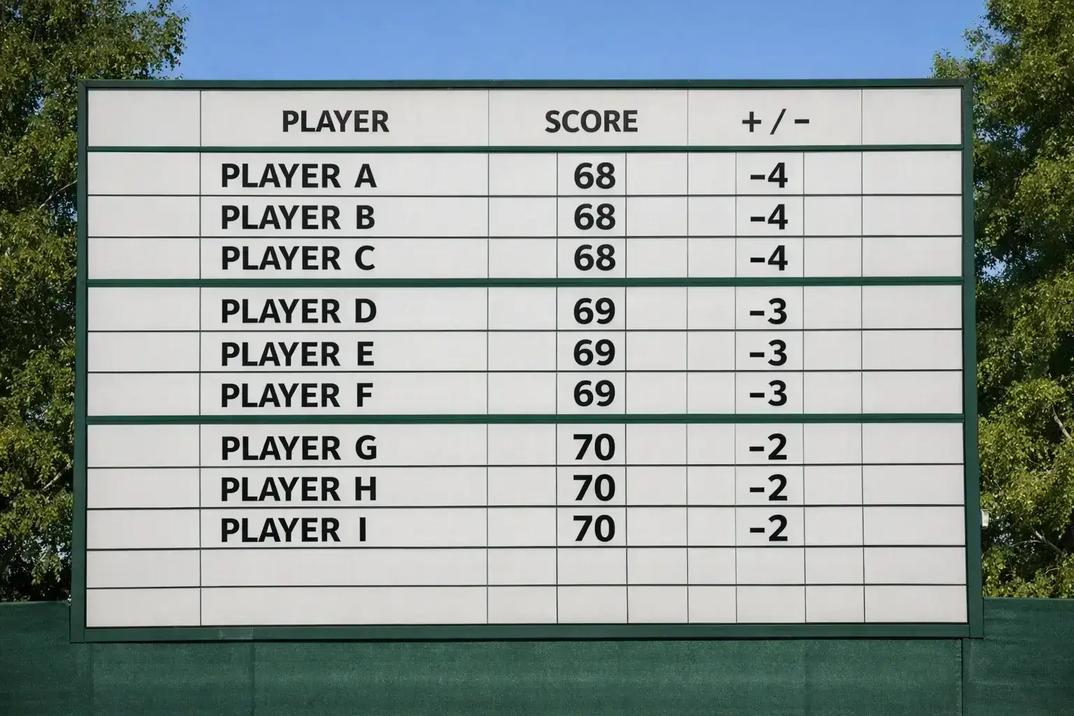 Golf tournament scoreboard showing tied players positions