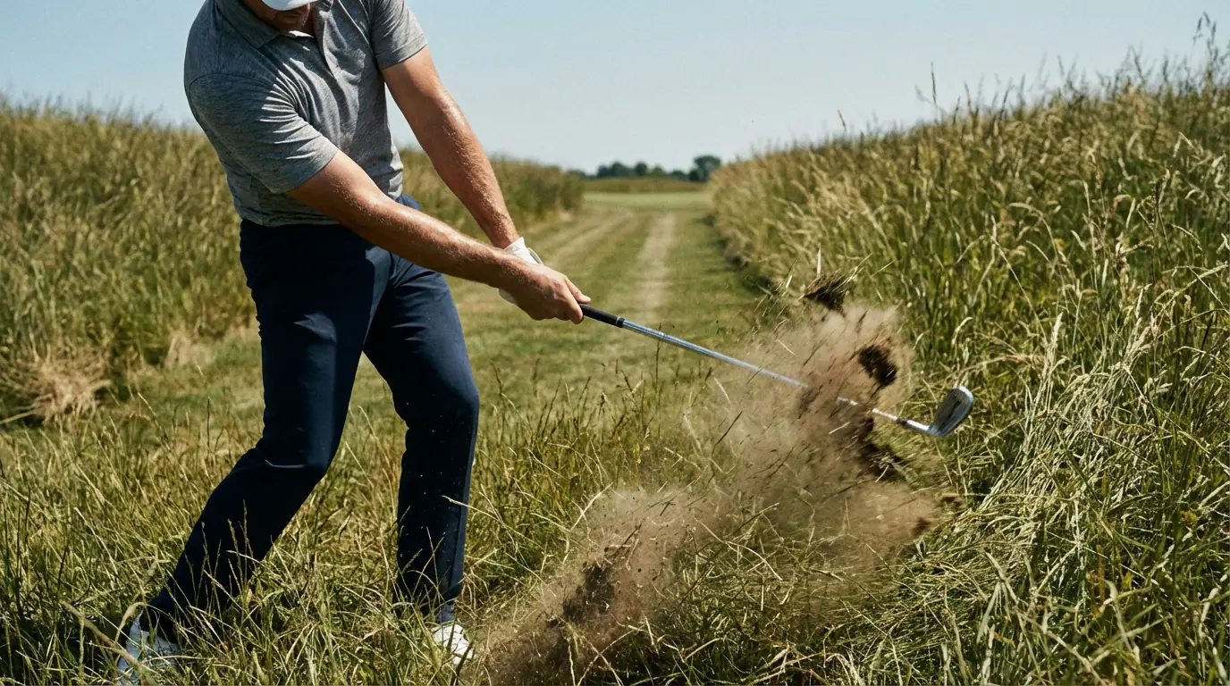 Golfer hitting an approach shot from thick US Open rough with narrow fairway ahead