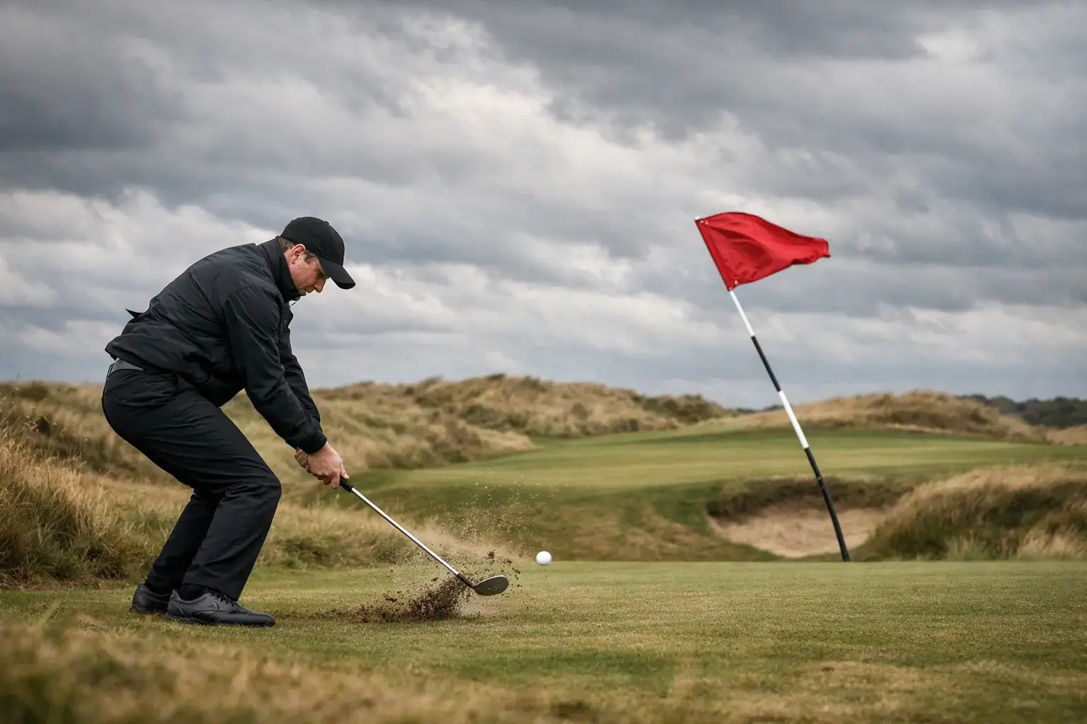 Golfer playing in windy conditions with flag bending