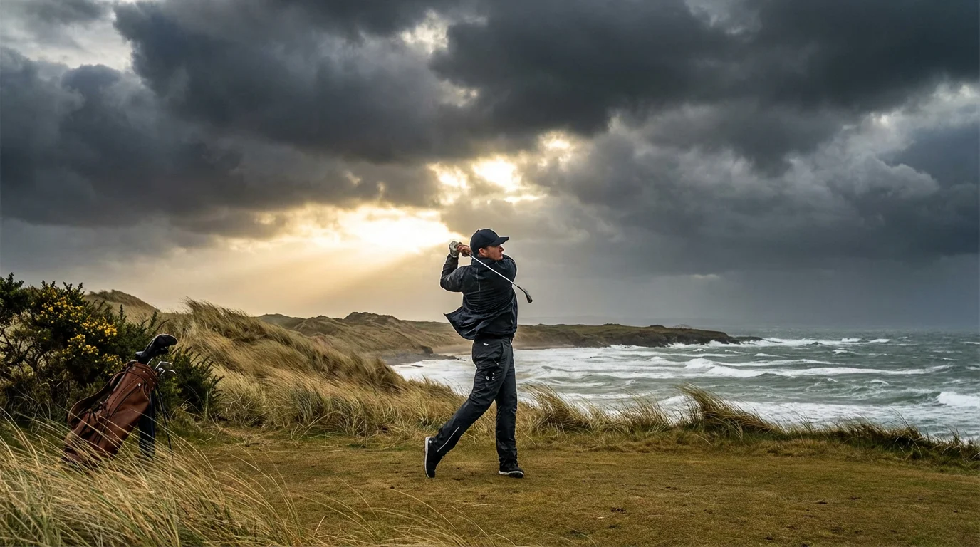A golfer playing through strong wind on a coastal links course under dramatic clouds